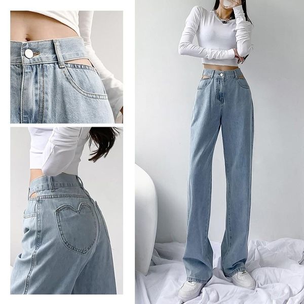 

women's jeans glodtaos blue heart-shaped pocket woman high waist plus size loose casual denim vaqueros mujer korean straight