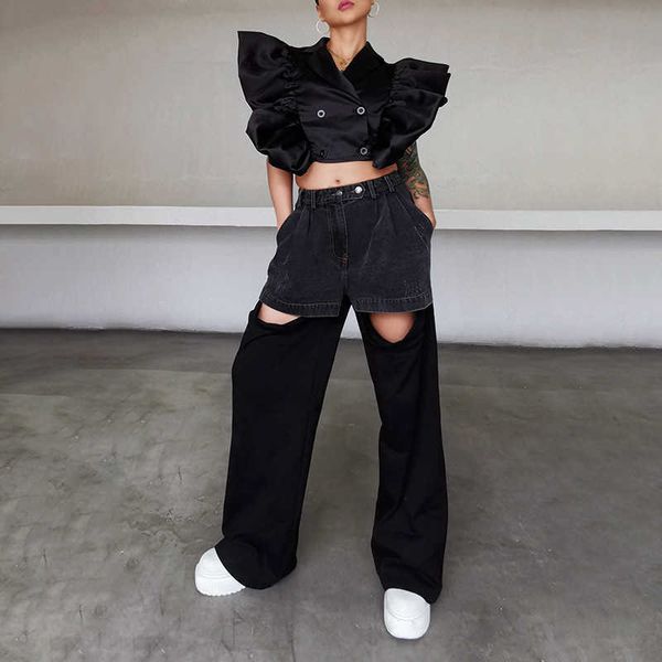 

fashion jeans personalized design tooling pants 2021 summer two button hole solid color straight tube waist, Blue