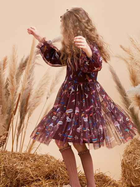 

girls allover print flounce hem mesh dress she, Red;yellow