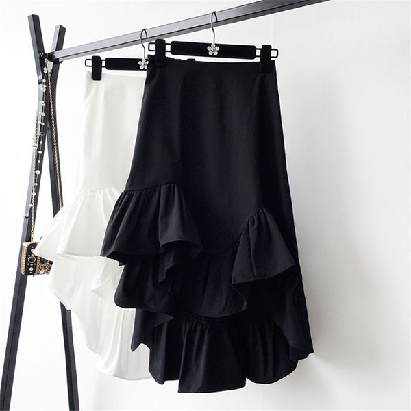 

skirts summer sweet irregular solid cotton a-line long ruffles patchwork w shaped hem pleated mid-calf white black skirts