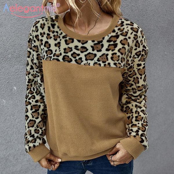 

women's hoodies & sweatshirts aelegantmis loose fleece warm women autumn oversize long sleeve pullovers ladies o-neck leopard sweatshir, Black