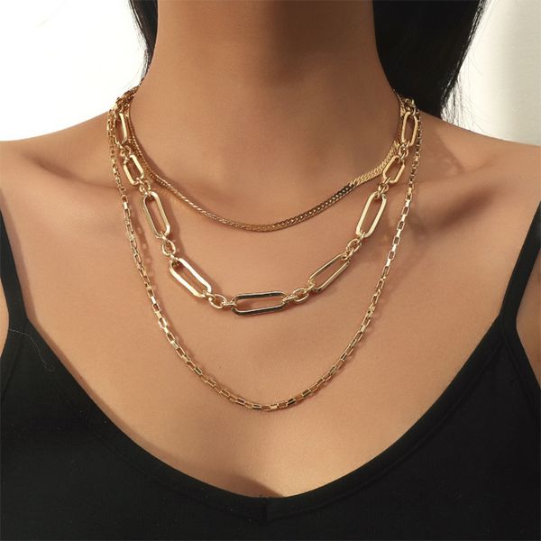 

fashion multilayer square hollow thin chain necklace snake bone chain cold wind metal alloy jewelry, Silver