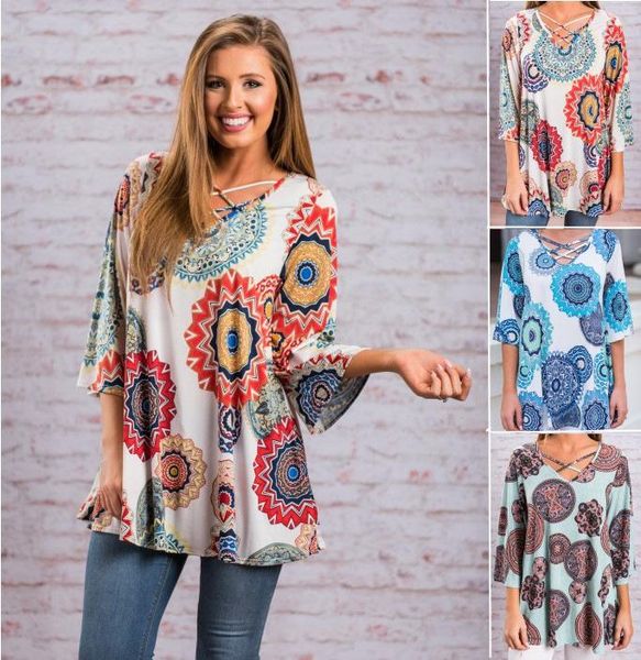 

women's t-shirt summer autumn loose v-neck cross printed, White