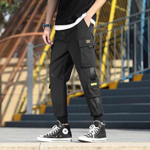 

streetwear hip hop jogging women pants ribbons loose fashion cargo male leisure jogger man harem trousers, Black