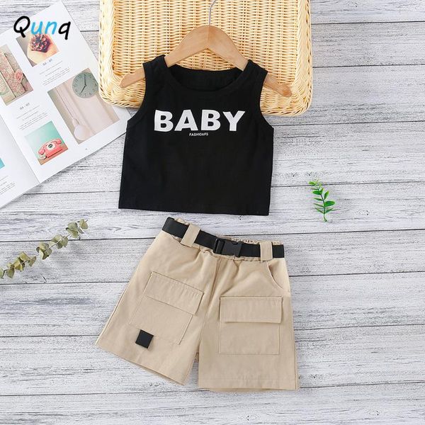 

qunq girls summer clothes letter vest shorts two piece kids suits for 2 3 4 5 6 year girl baby toddler children clothing set sets, White