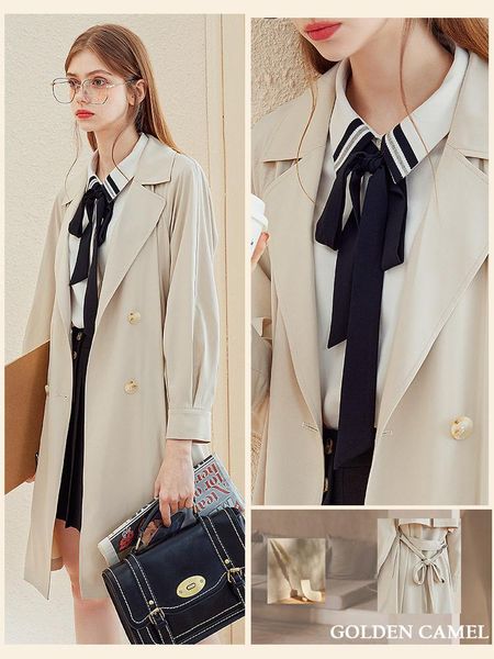 

women's trench coats windbreaker coat spring and autumn middle long kbne2021 double breasted waist closing thin, Tan;black