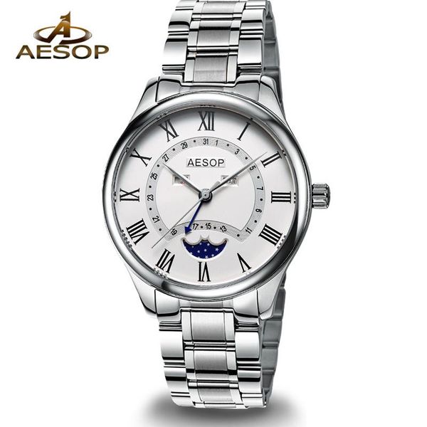 

wristwatches aesop brand fashion business watch men waterproof luxury week date month moon phase quartz clock relogio masculino, Slivery;brown