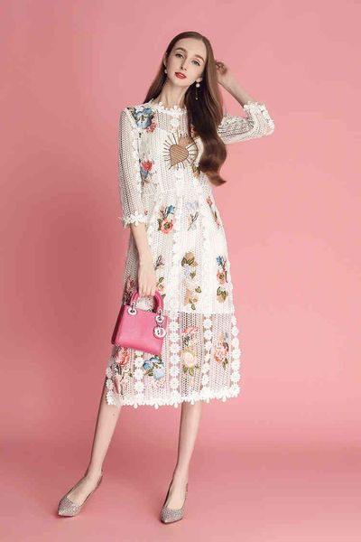 

elegant long early spring new fashion women dresses black and white 3/4 sleeve lace flowers embroidery hollow midi dress, Black;gray