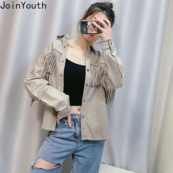 

women's jackets joinyouth denim jacket women 2021 arrival fashion clothing chic tassel solid patchwork coat loose casual streetwear, Black;brown