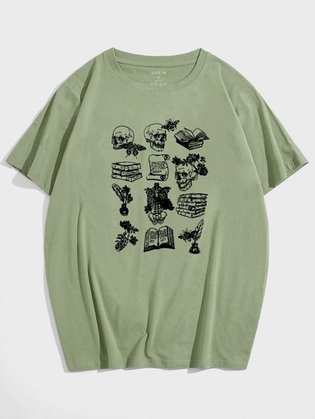 

men skeleton and book print tee m7cm#, White;black