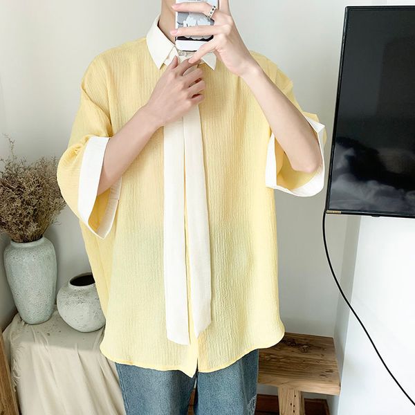 

men's casual shirts with tie summer clothes loose short sleeve hawaiian shirt camisa masculina streetwear fashion size -5xl xr8z, White;black