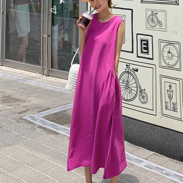 

casual dresses [ewq] 2021 summer women purple sleeveless tank robe vintage loose o-neck high waist zipper ladies dress qb183, Black;gray