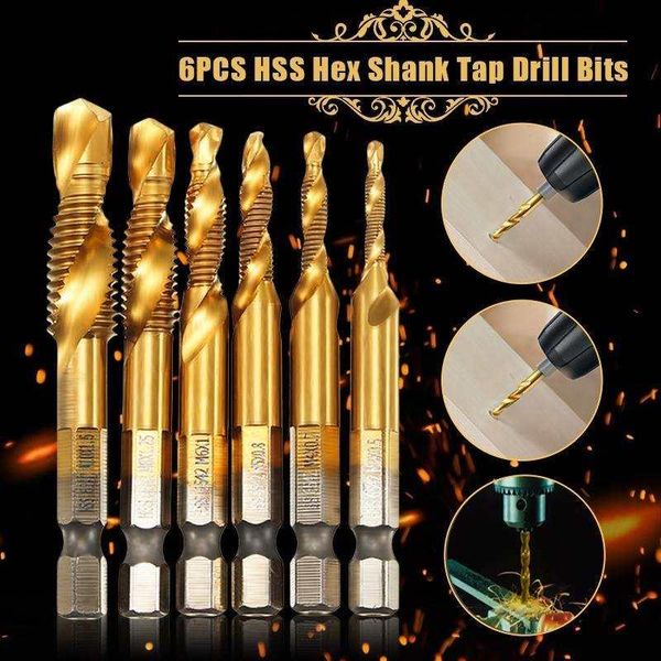 

6pcs titanium plated hex shank hss screw thread metric tap drill bits machine compound m3 m4 m5 m6 m8 m10 hand tools 11
