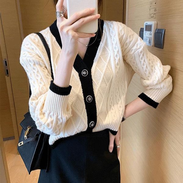 

women's knits & tees v-neck knitting cardigan loose women sweater coat 19465-f, White