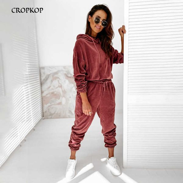 Frühling Herbst Samt Zwei Stück Set Frauen Casual Langarm Rosa Hoodies Hohe Taille Bandage Hosen Solide Mode Trainingsanzug 210930