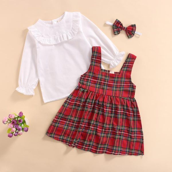 

clothing sets children suspender dress set long sleeve shirt bowknot hairband plaid skirt kid infant baby girls, White