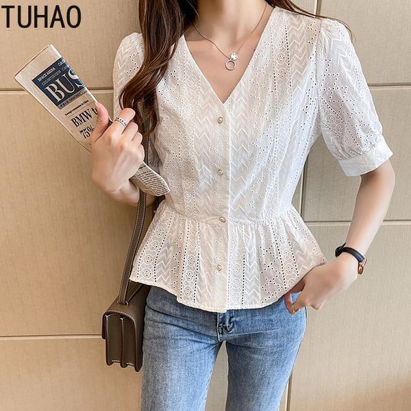 

women's blouses & shirts tuhao white blouse fashion lace short sleeve casual vintage office lady elegant solid clothes for women femini