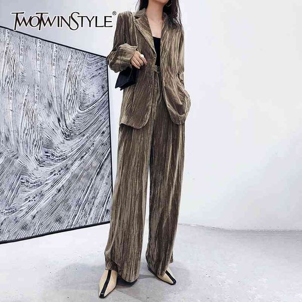 

twotwinstyle minimalist velour two piece set for women v neck long sleeve blazer high waist wide leg pants casual sets female 210428, White