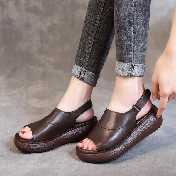 

slippers 2021 summer cowhide muffin bottom women's shoes flat thick versatile fish mouth slope heel fashion, Black
