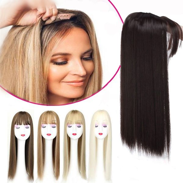 

gres blonde synthetic hair piece women 3 clips in hair extension with bangs 22" long high temperature fiber brown/grey/black 220217, Black;brown