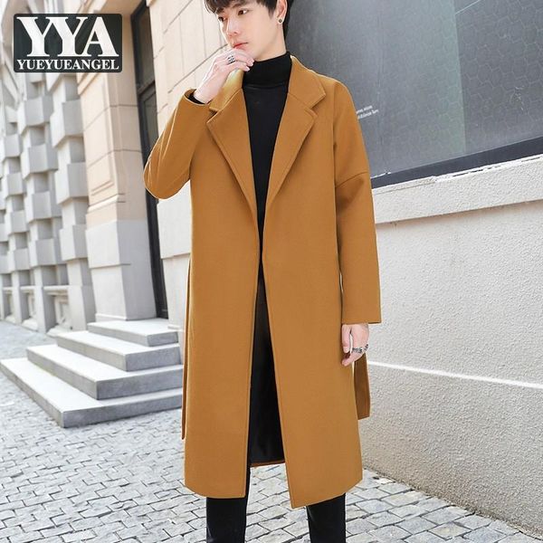 

mens woolen coat winter thick warm sashes middle length jacket windbreakers overcoat solid color business casual men outerwear men's wo, Black