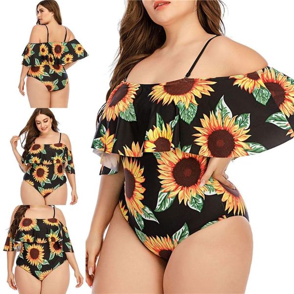 

one-piece suits women plus size swimsuit off shoulder tummy control monokini boho sunflower printed flounce ruffled bathing suit