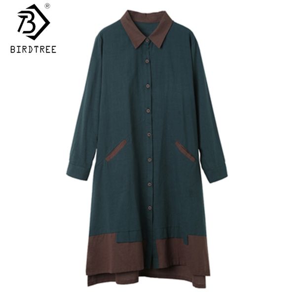 

plus size patchwork women dress autumn single breasted turn-down collar ladies oversize midi cotton dresses d08929k 210419, Black;gray
