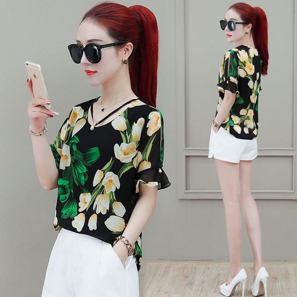 

women's blouses & shirts women summer korean style casual chiffon lady fashion splice v-neck print short sleeve blusas mm0452, White
