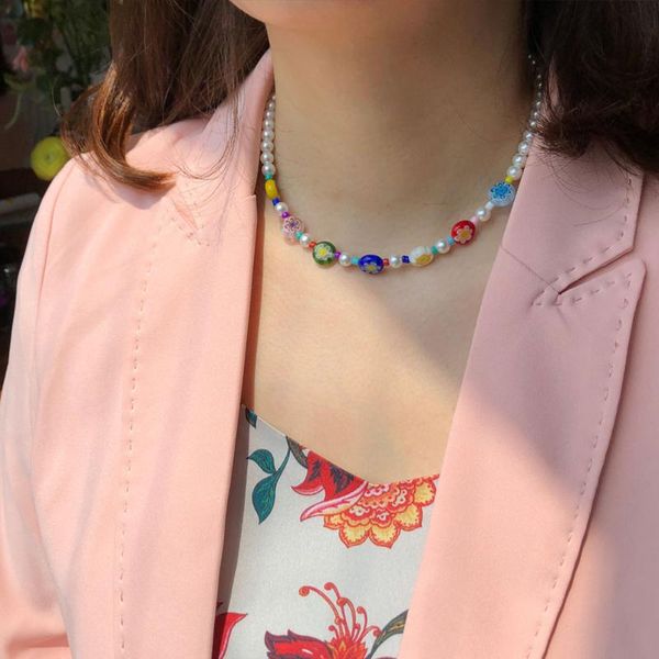 

chains colorful small daisy petals glass beads necklace women string pearl choker clavicle chain jewelry, Silver