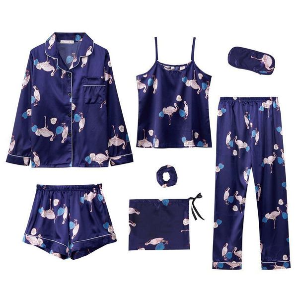 

7 women sleepwear pieces silk satin pajamas sets pyjamas set pijama flower print female loungewear, Black;red