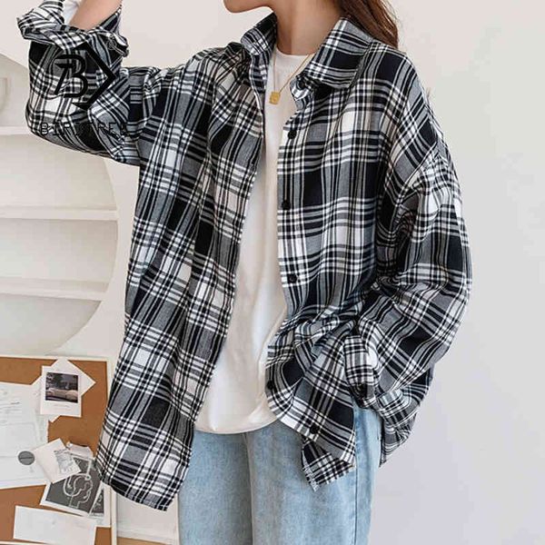 

spring new women vintage plaid oversized blouse batwing sleeve turn down collar black shirt button up autumn casual t0o504f 210430, White