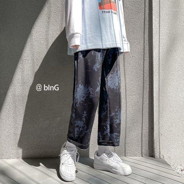 

men's pants man summer korean high street tie-dye pant plus size elastic waist harajuku style wide-leg casual trousers men clothing, Black