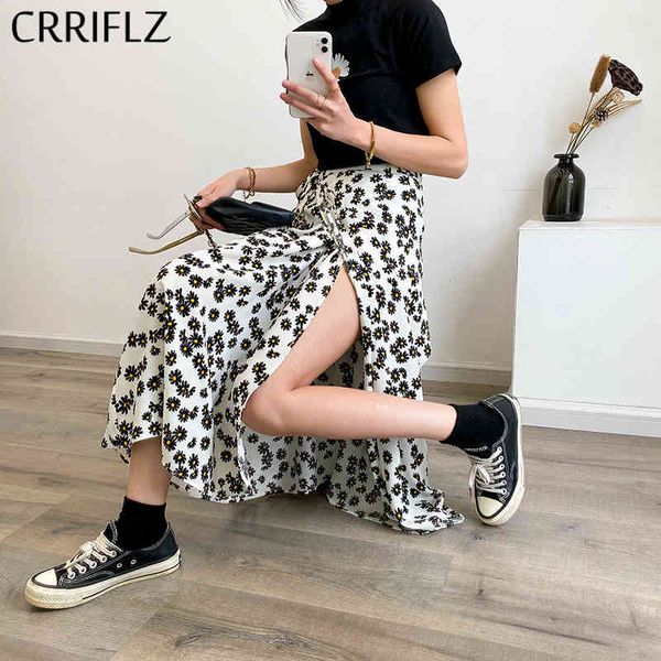 

summer chiffon floral skirt women a-line casual print split midi crriflz 210520, Black
