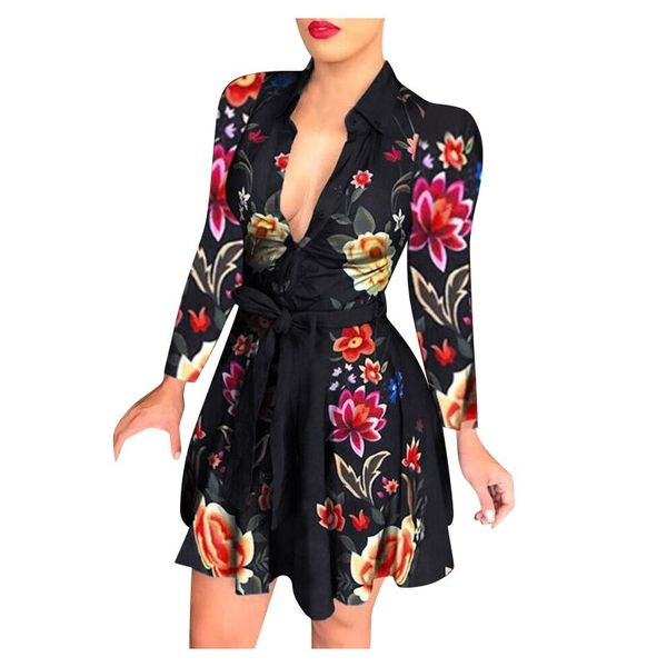 

casual dresses elegant women floral print belt draped mini dress summer long sleeve deep v-neck sundress fashoin a-line vestido, Black;gray
