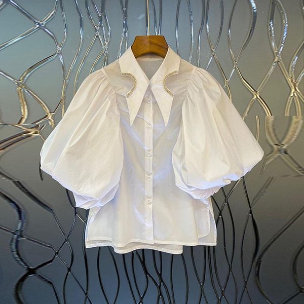 

women's blouses & shirts fashion design women white summer 2021 puff sleeved beaded solid elegant office lady outwear
