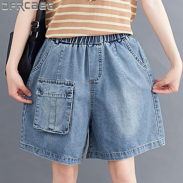 

women's shorts wide leg loose denim women summer bermudas high elastic waist big pockets lady short jeans feminina tr7b, White;black