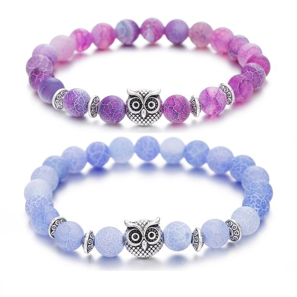 Pace interiore Cuore Guarigione Pietra ametista Gufo Fili di perline Bracciale a mano 8MM Perline energetiche Pietra preziosa viola Argento per donne e uomini