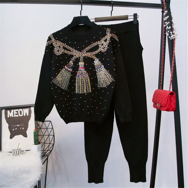 

women's two piece pants spring fashion black knit sweatshirt women's outfits handwork w1c8, White