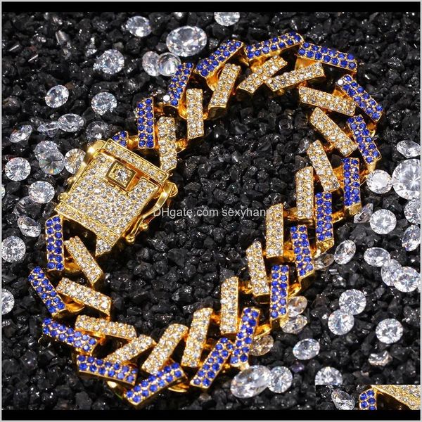 

link, drop delivery 2021 15mm gold hip hop micro paved rhinestones bling iced out square cuban miami link chain bracelets for men rapper jew, Black
