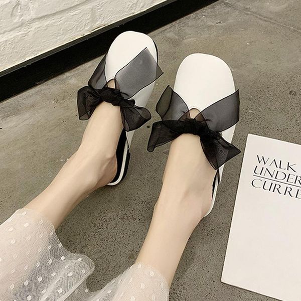 

fangtou baotou half slipper women's summer ins fashionable wear 2021 bow flat bottom muller shoes slippers, Black