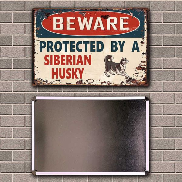 

kelly66 dog beware protected by a husky borzoi border collie metal sign home decor bar wall art painting 20*30 cm size dy155