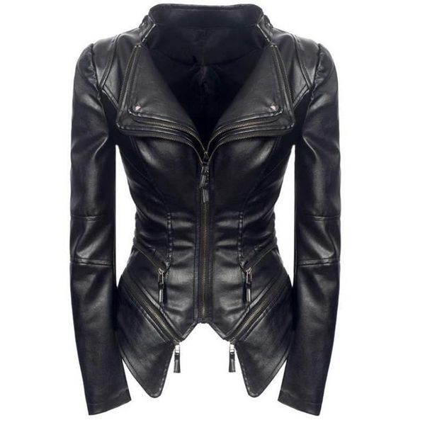 

women's leather & faux pu wash bright riveting nail black jacket korean tooling motorcycle coat for women turn-down collar zipper short