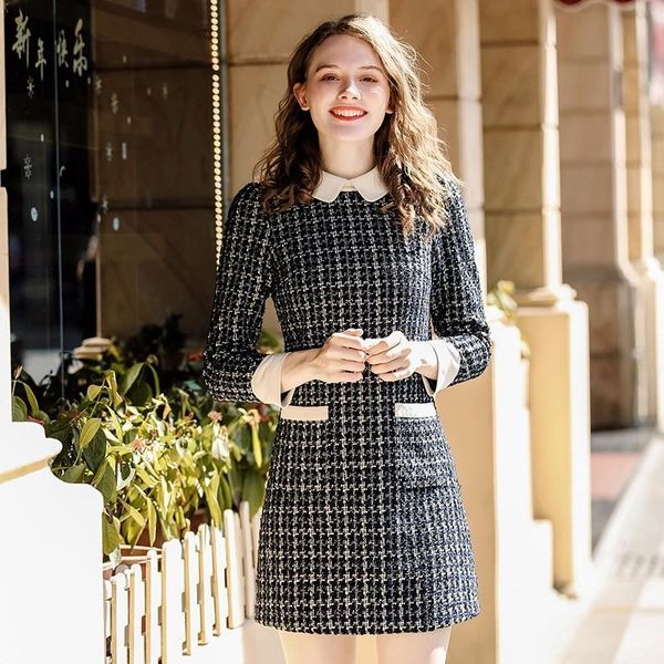 

casual dresses korean slim lapel women dress fleece lining thick warm plaid luxury party female fashion long sleeve clothes winter, Black;gray