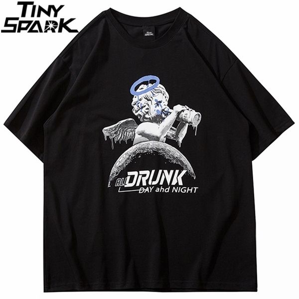 

hip hop oversize t-shirt men streetwear harajuku angel boy drunk print t-shirt short sleeve cotton loose tees black 210409, White;black