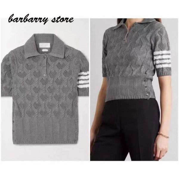 

women's t-shirt fashion stripe hook flower short temperament lapel slim knit sleeve all over casual fir, White