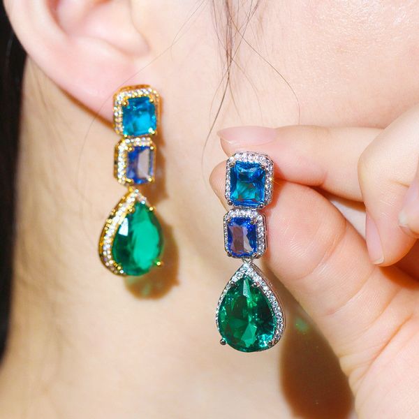 

vintage luxury jewelry square charm earrings designer aaa cubic zirconia 18k gold silver emerald sapphire green blue cz copper earring for w, Golden