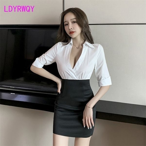 Ldyrwqy sexy profundo v baixo corte vestido de costura preto e branco contraste cor saco de cor quadril cena 210416