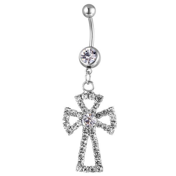 

d0064 cross belly navel button ring clear color, Silver
