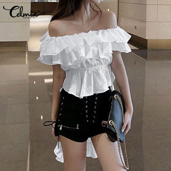 

fashion celmia plus size off shoulder women long shirt ruffles irregular hem blouse casual solid summer 2021 blusas 7 women's blous, White
