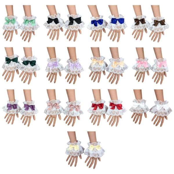 

five fingers gloves lolita hand sleeve wrist cuffs sweet ruffled lace multicolor bowknot maid cosplay bracelet for wedding party, Blue;gray